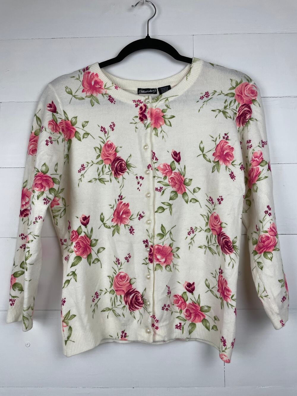 Vintage Mandee Cottagecore Floral Rose Print Cardigan Knit Sweater Cream Pink Lg